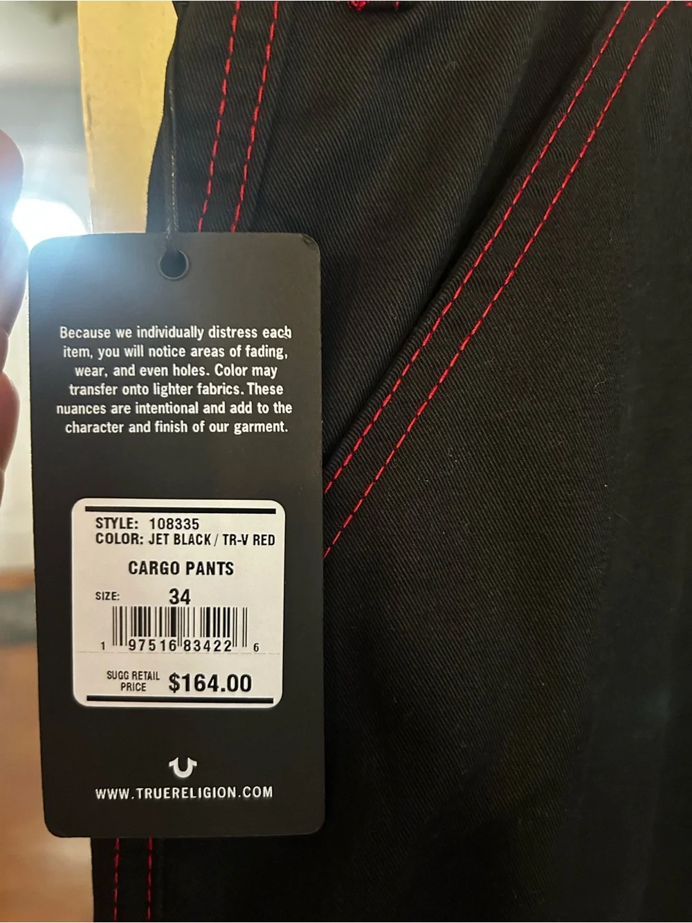 NWT Men’s True Religion Black Cargo Pants with Red Stitching